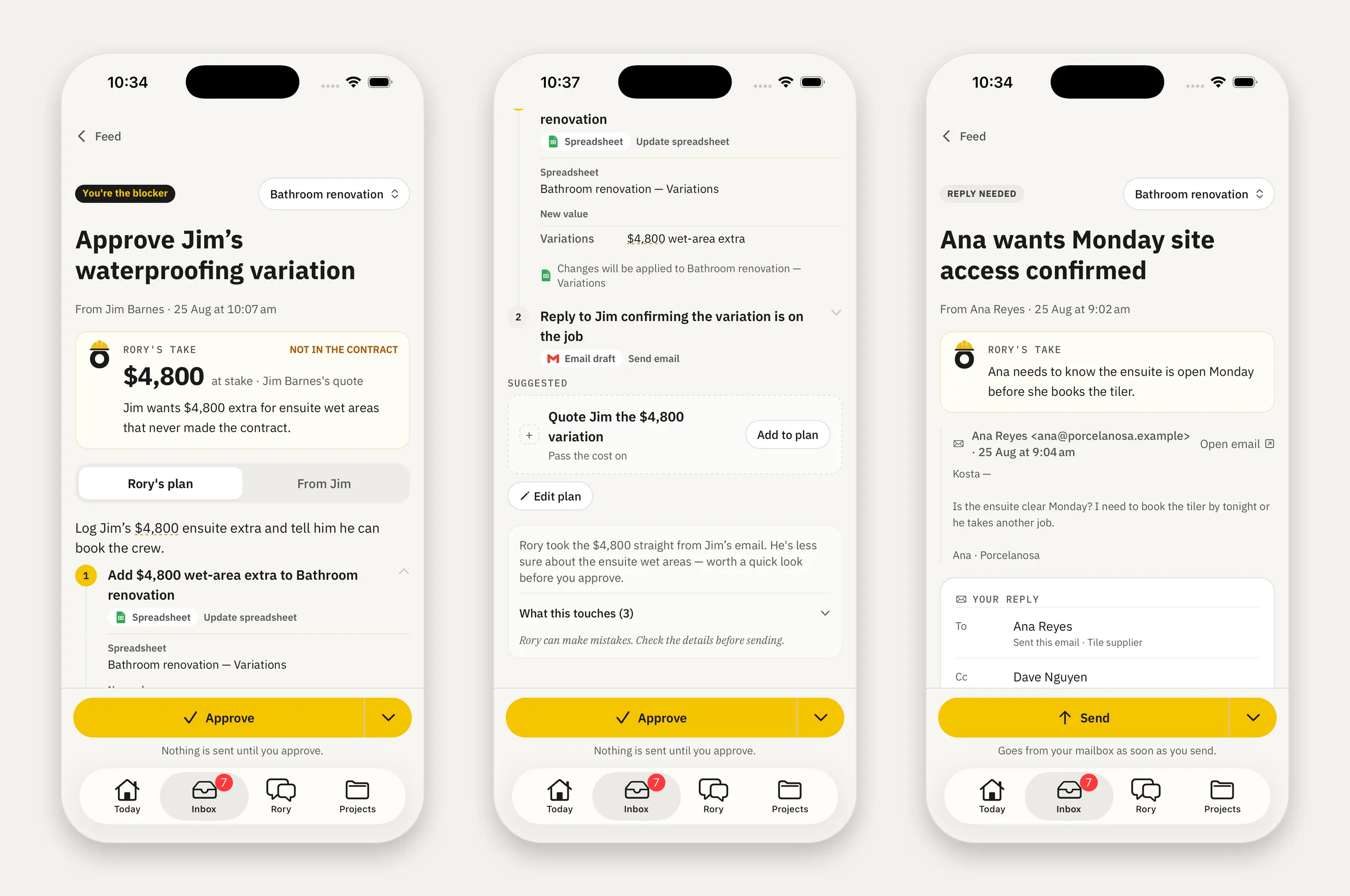 The approval surface on the phone: Rory's take with the amount at stake and a note that it is not in the contract, the numbered plan of a spreadsheet update and a drafted reply with a suggested extra step, and an email-only item showing the original message above the reply, each under a persistent approve or send bar reading 'Nothing is sent until you approve'