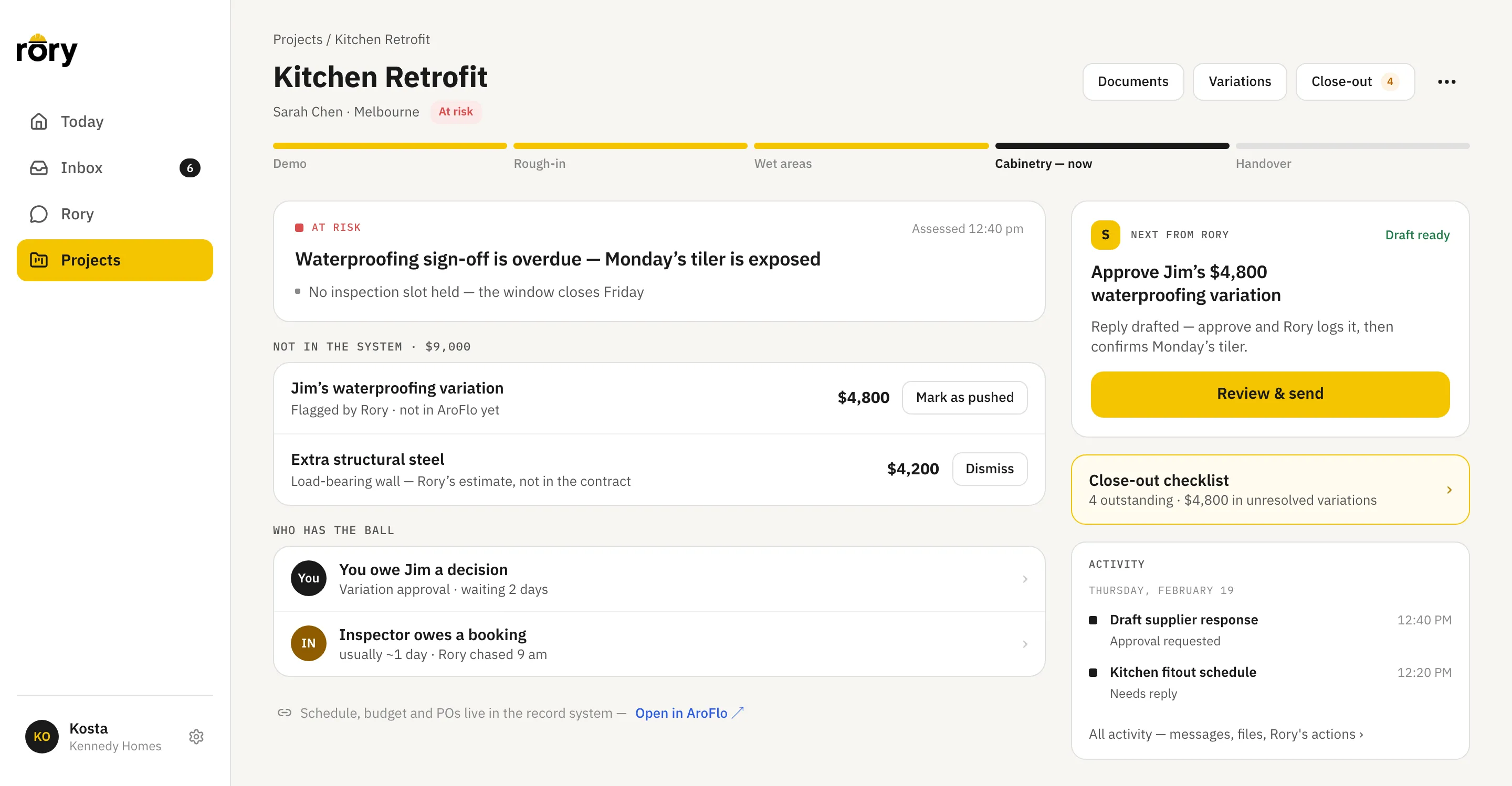 A job at the desk, in the web app: the phase timeline, the risk Rory has assessed, $9,000 of variations flagged as not in the record system yet, who owes whom a reply, the drafted approval waiting alongside, a close-out checklist of what is still outstanding, and an activity log of Rory's own work