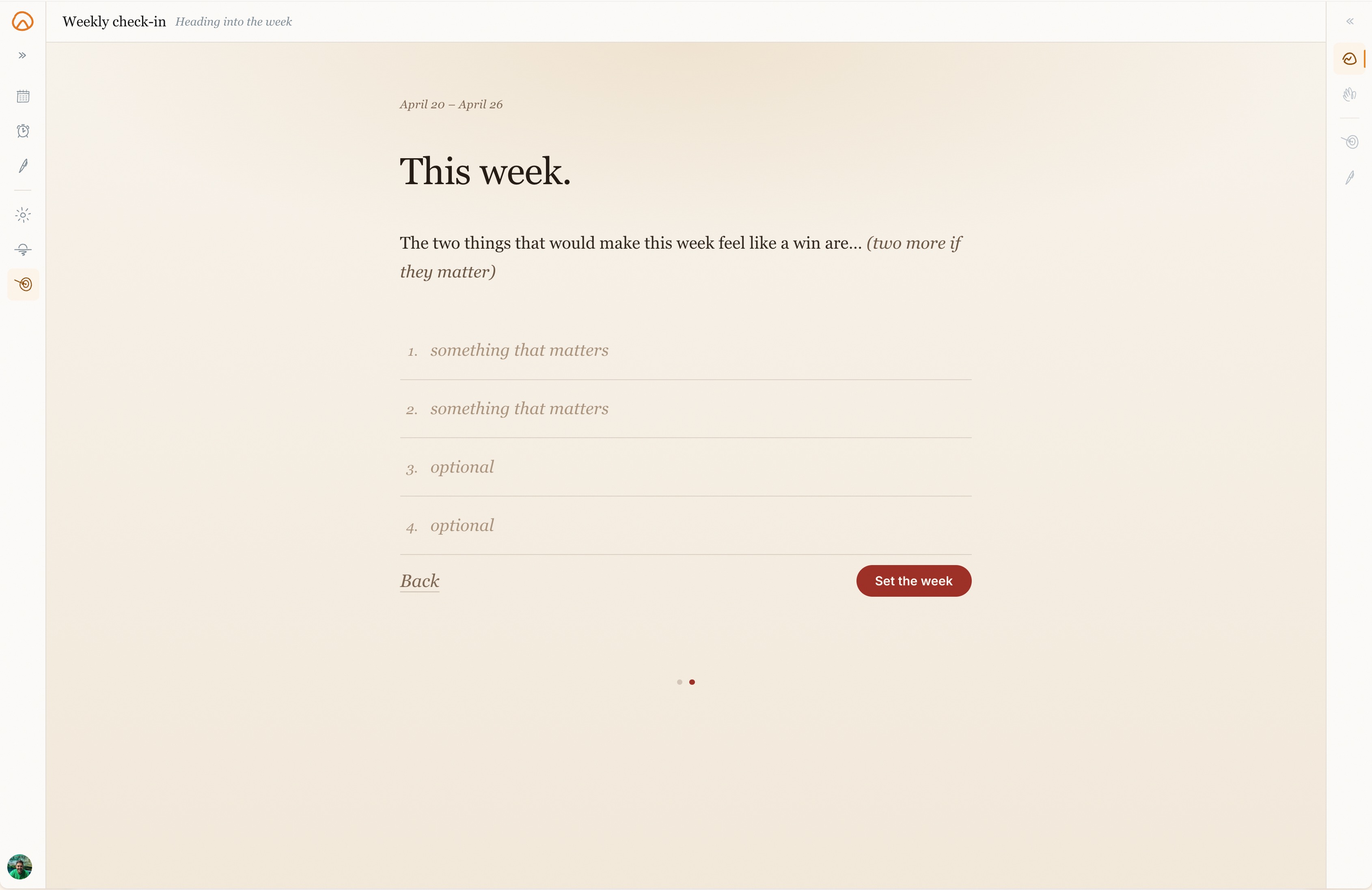 Weekly check-in — 'This week.' — with two required wins and two optional slots