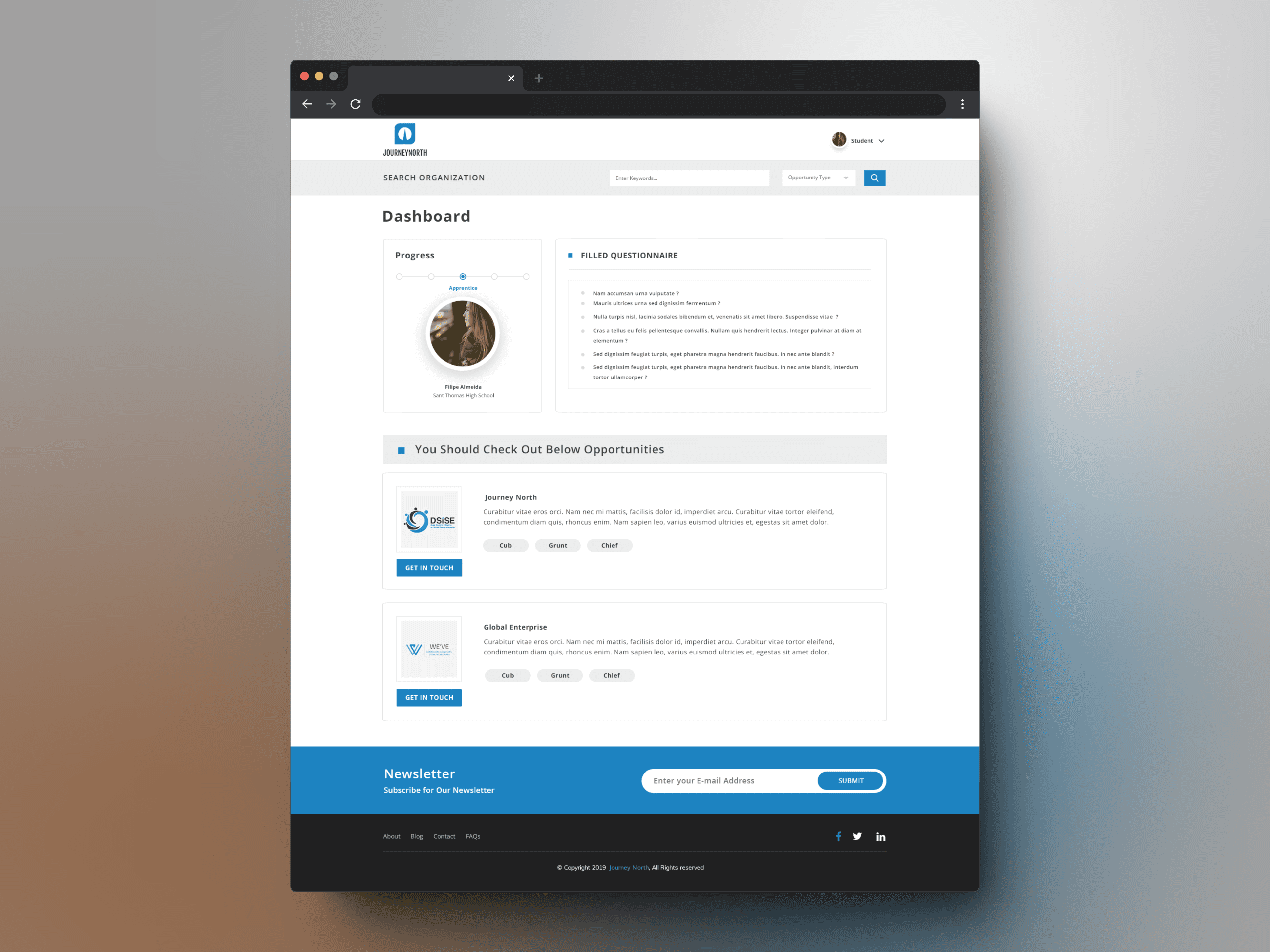 Student dashboard showing the progression questionnaire and matched opportunities